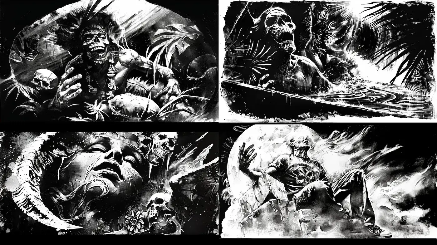 Dark, expressive monochrome illustration with surreal elements - Midjourney sref style