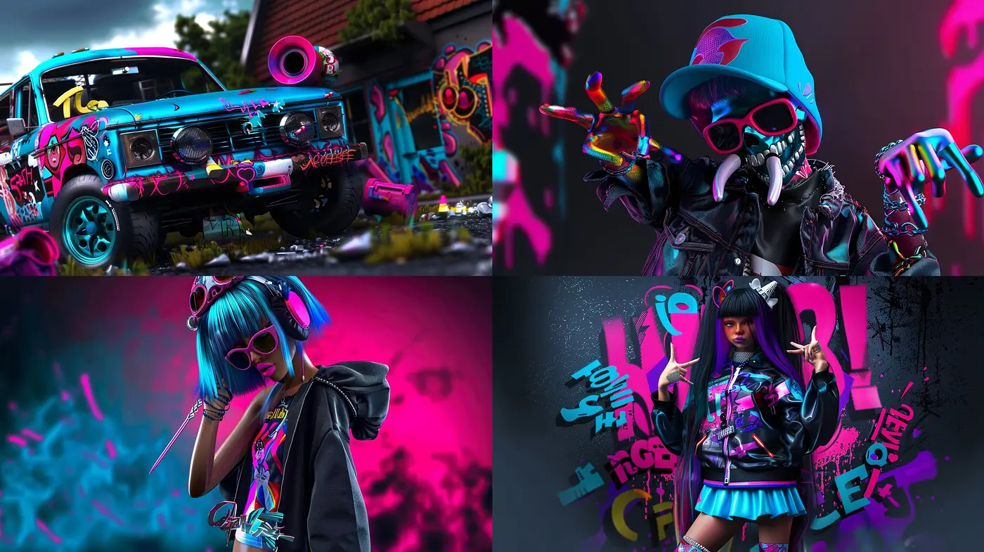 Saturated Neon Dreamscape with Cyberpunk Overtones - Midjourney sref style