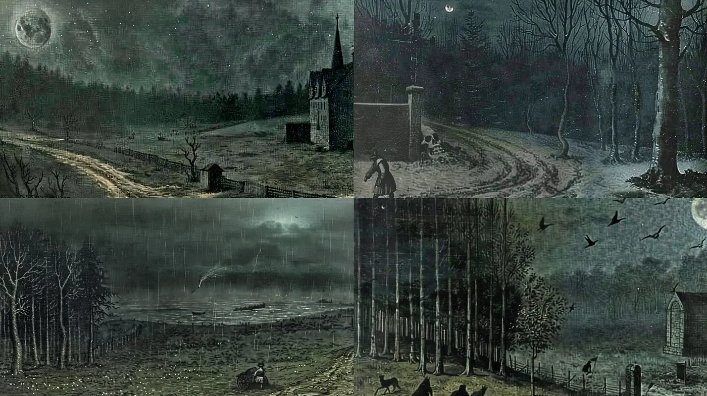 Ethereal Nocturnes: A Consistent Vision of Midnight Mystique Across Diverse Landscapes - Midjourney sref style