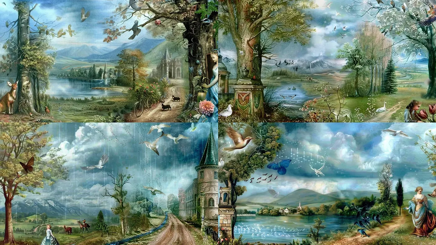 Ethereal Pastoral Dreamscapes: A Harmony of Whimsical Nature and Romantic Visions - Midjourney sref style