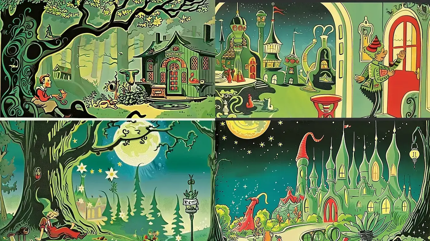 Whimsical Storybook Illustrations with a Retro Twist - Midjourney sref style