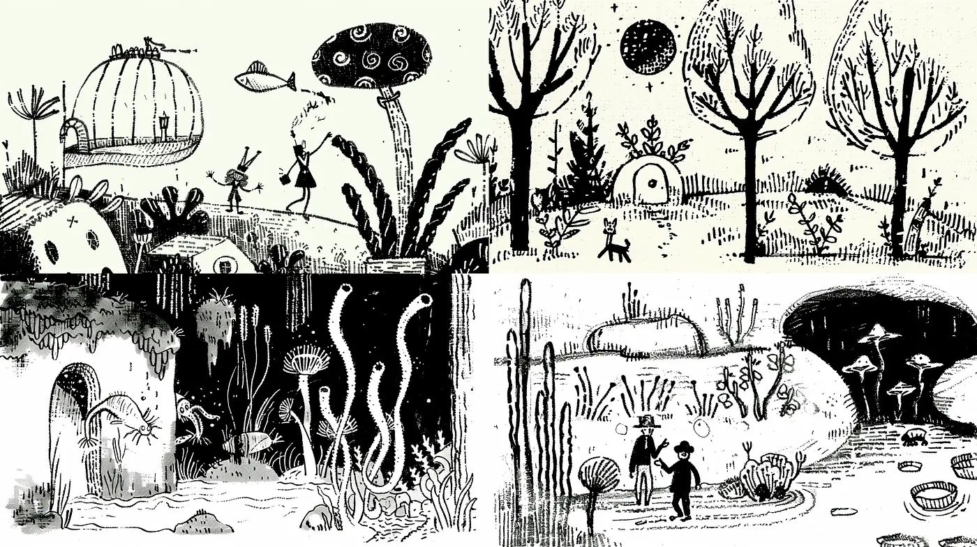 Whimsical Inked Wonderland: A Unified Exploration of Monochrome Fantasia - Midjourney sref style
