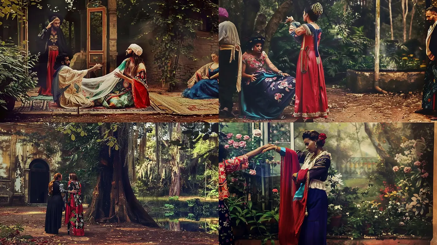Enigmatic Elegance of Stylized Forest Gatherings - Midjourney sref style
