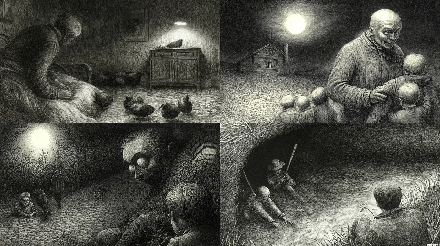 Moody Monochromatic Storybook Illustrations - Midjourney sref style