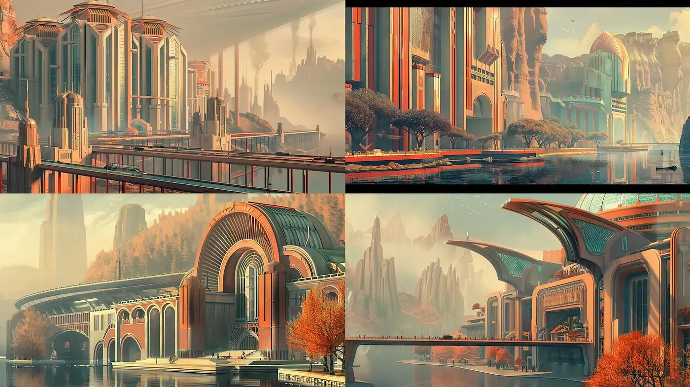 Futuristic Architectural Landscapes with Retro Elements - Midjourney sref style