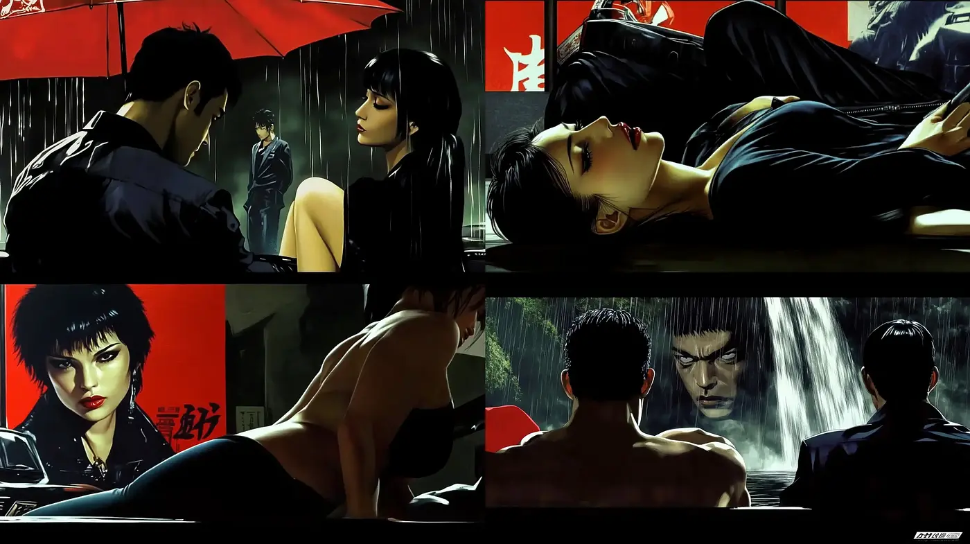Neo-Noir Anime Panache with a Dark, Atmospheric Undertone - Midjourney sref style