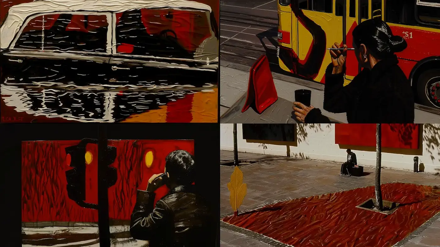 Contemporary Urban Scene with a Bold Color Palette and Expressionistic Touches - Midjourney sref style