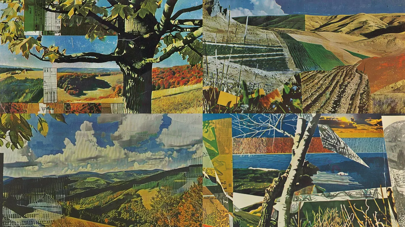 Collage of Serene Landscapes with a Whimsical Spin - An Exploration in Earthy Tones and Textural Fusion - Midjourney sref style