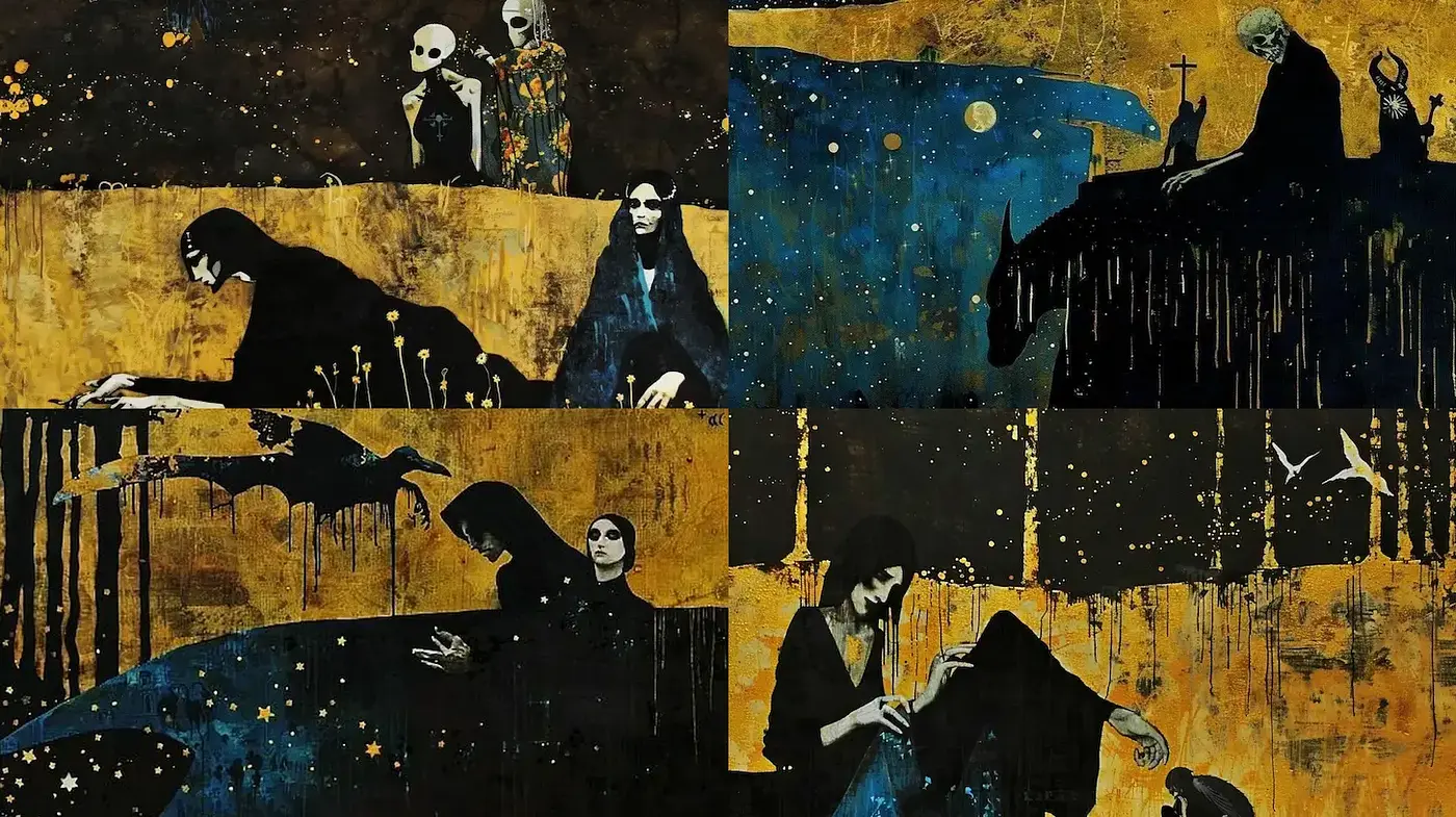 Dark, ethereal illustrations with surreal elements and a melancholic atmosphere - Midjourney sref style
