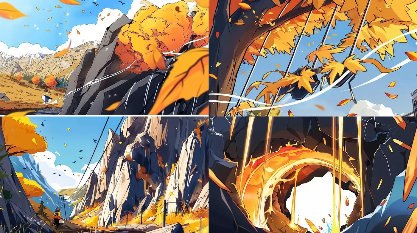 Dynamic Landscape Fusion: A Blend of Vivid Anime-Inspired Scenery and Impressionist Textures - Midjourney sref style