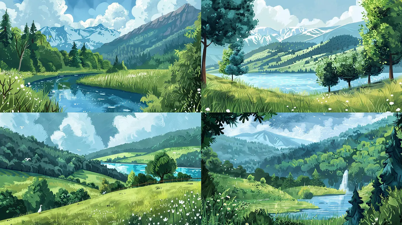 Serene Pastoral Panoramas in Stylized Digital Brushwork - Midjourney sref style