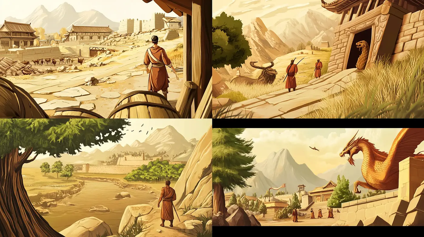 Epic Tales of Ancient Panoramas with a Warm Color Harmony - Midjourney sref style