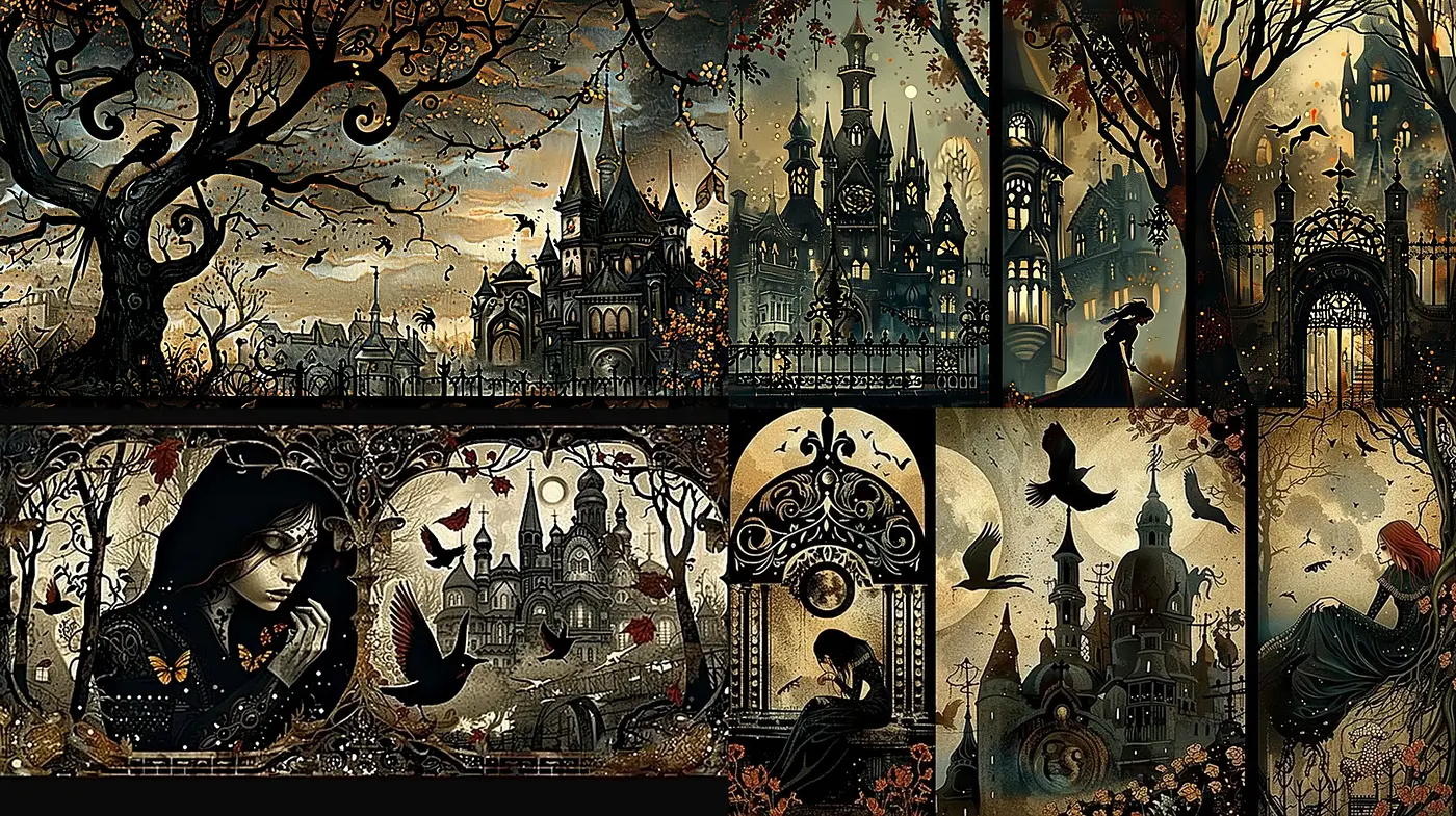 Enigmatic Gothic Elegance with a Surreal Fantasy Twist - Midjourney sref style