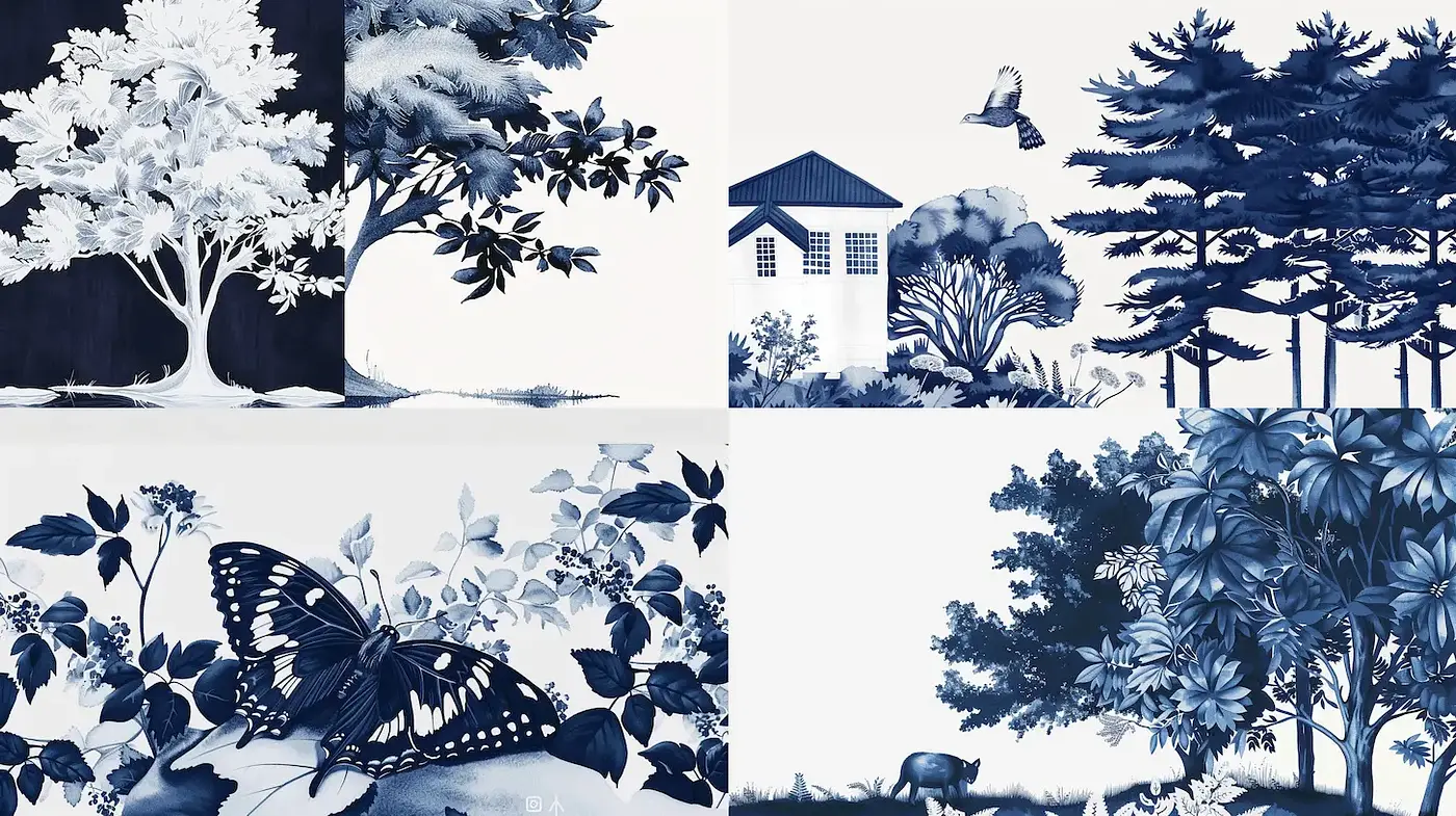 Serene Nature-inspired Illustrations with a Monochromatic Palette - Midjourney sref style