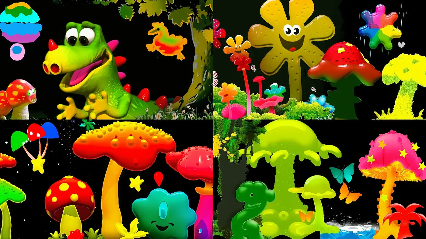 Vibrant and Playful Fantasy Landscape with Characters and Flora - Midjourney sref style