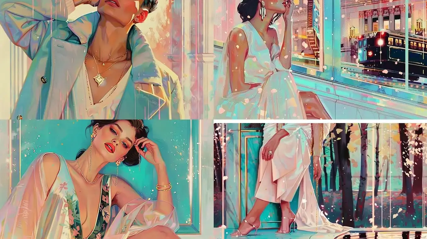 Elegant and dreamy depiction with soft textures and pastel hues - Midjourney sref style