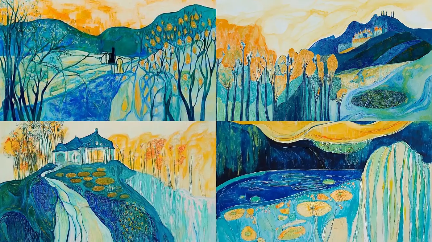 Ethereal Impressions in Chromatic Blue and Amber Hues - Midjourney sref style
