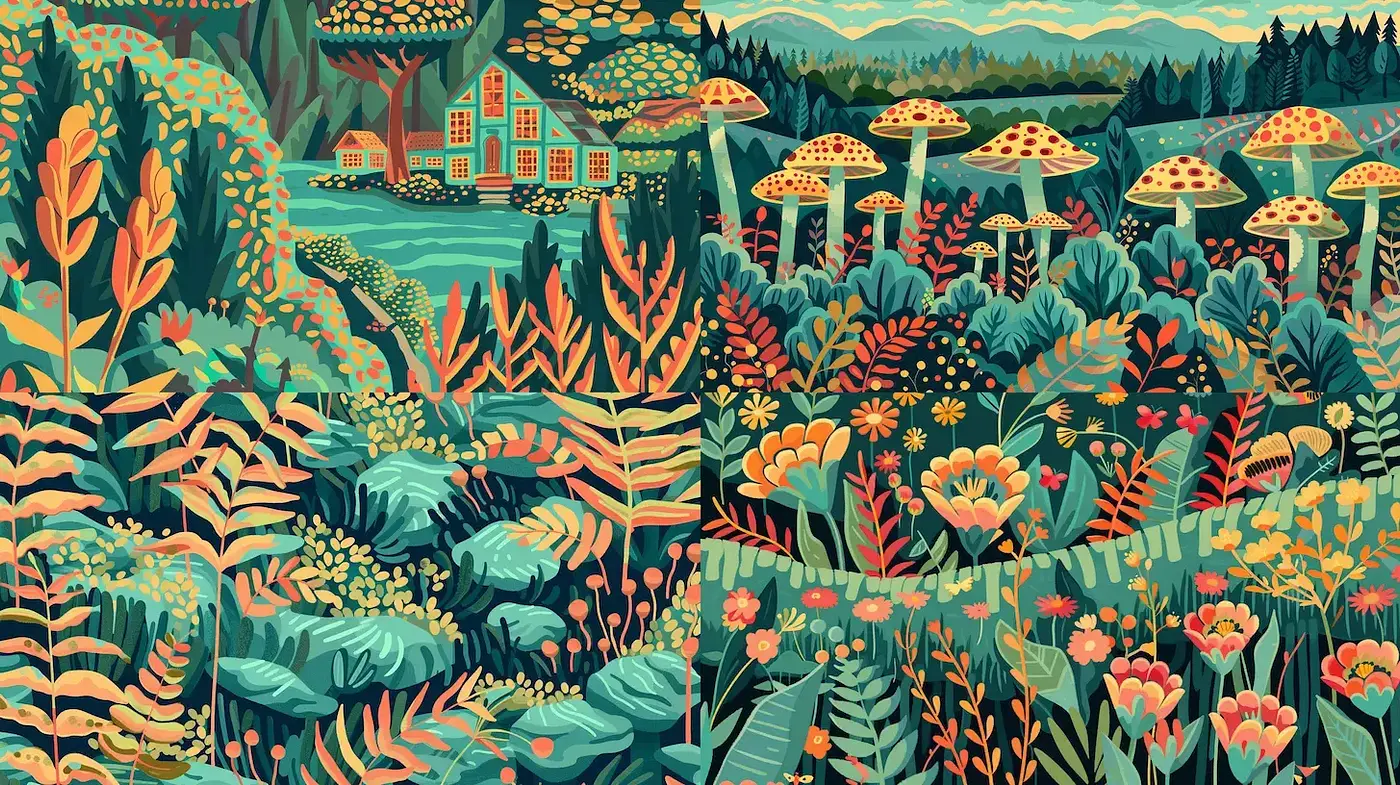 Vibrant and whimsical botanical landscapes with a unified color scheme - Midjourney sref style