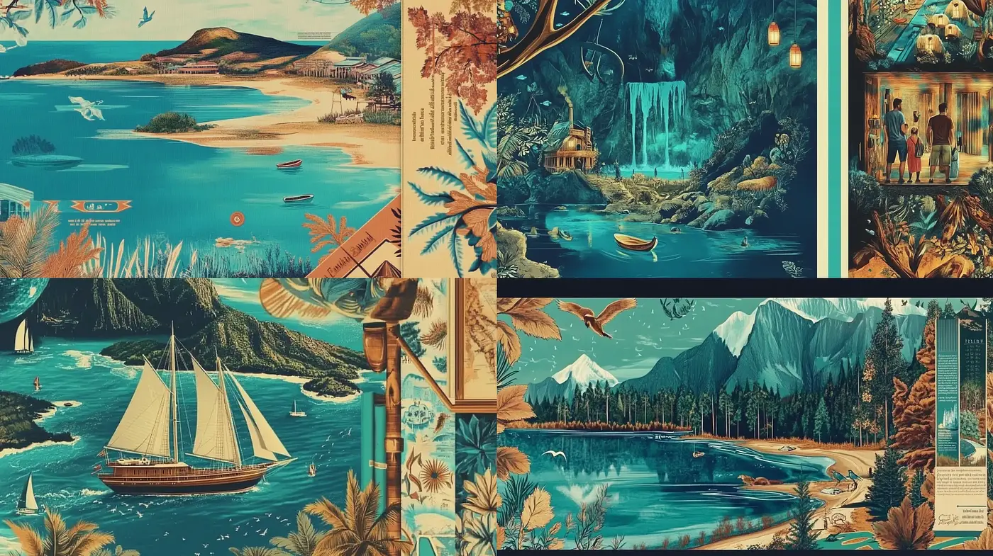 Turquoise Serenity: A Harmonious Blend of Nostalgic Scenery and Contemporary Illustrative Techniques - Midjourney sref style