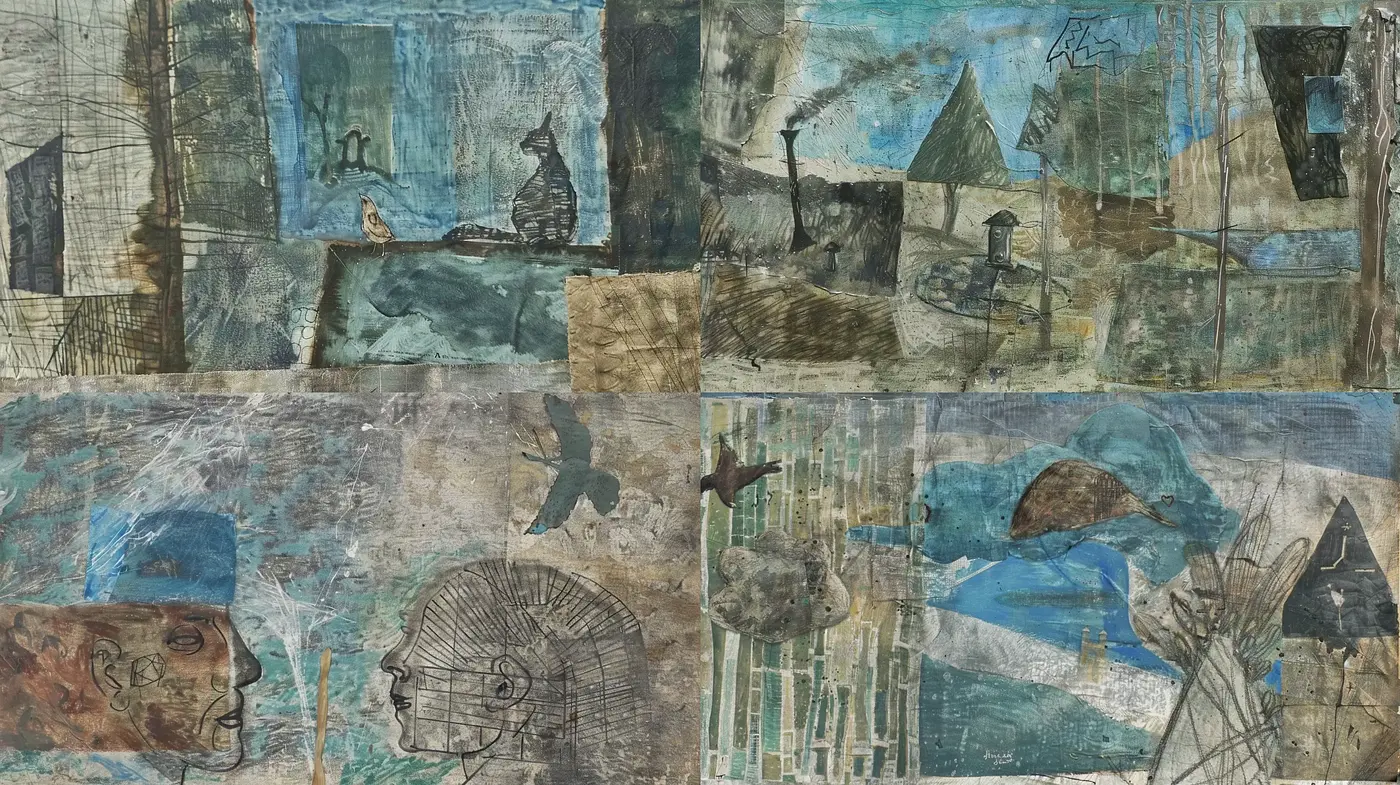 Fragmented Narratives in Mixed Media Collage - Midjourney sref style