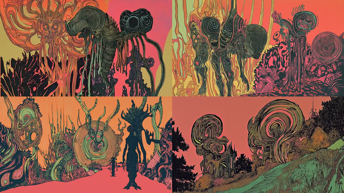 Psychedelic Visions in Surrealist Landscapes: A Homage to Vibrant Cross-Hatching - Midjourney sref style