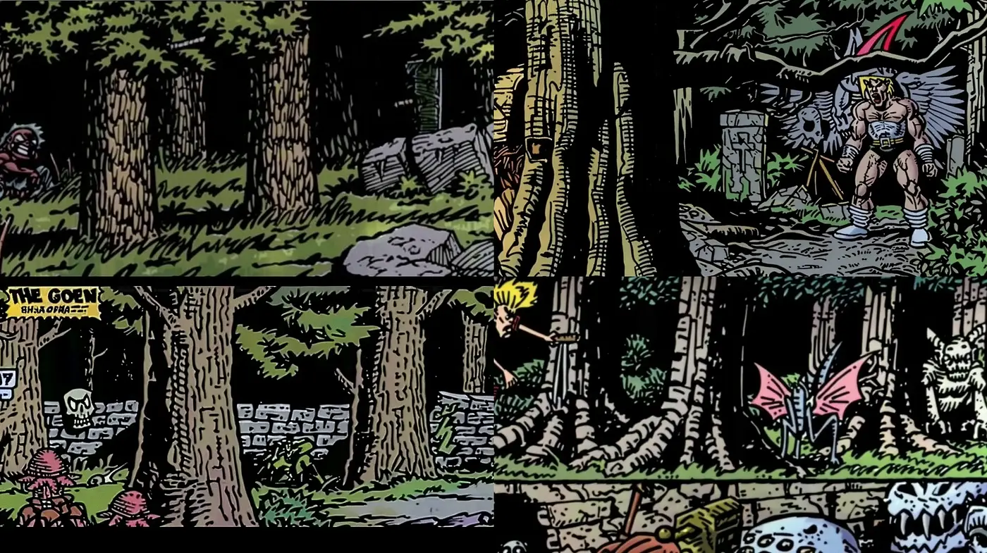 Enigmatic Woodland Ensemble: A Comic-Book Tapestry in Earthy Tones - Midjourney sref style