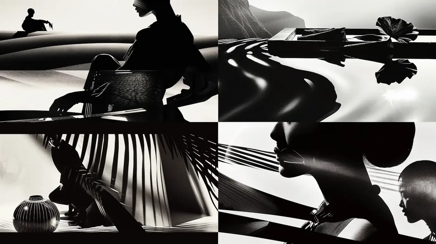 Monochromatic Artistic Exploration with Fluid Forms and Shadows - Midjourney sref style