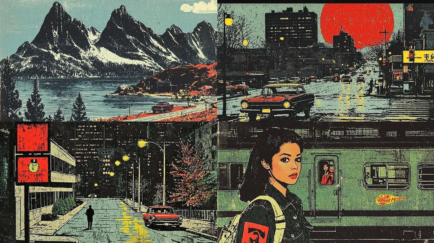 Retrofuturistic Reverie: A Textured Urban and Natural Montage - Midjourney sref style