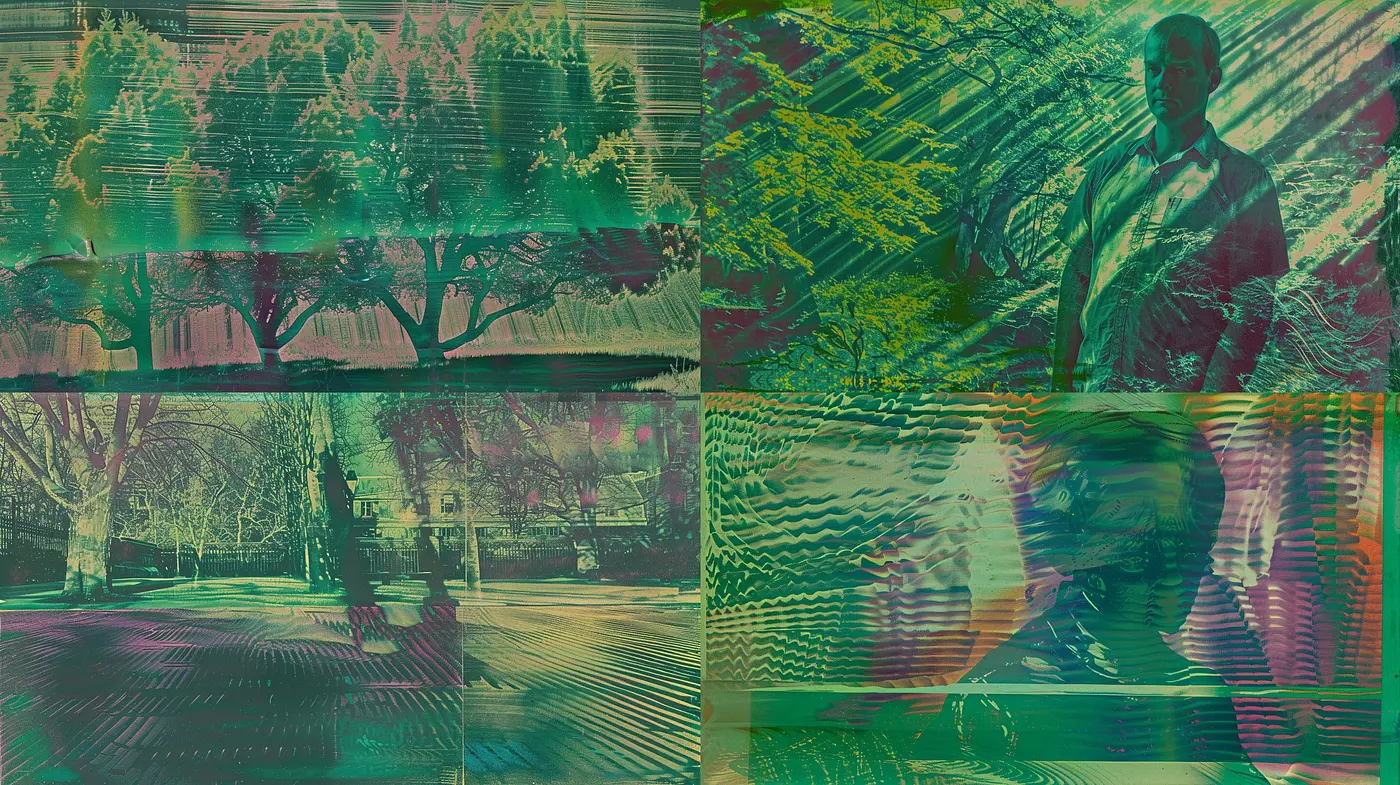 Distorted Hues of Time: A Fusion of Digital Glitch and Chromatic Abstraction - Midjourney sref style