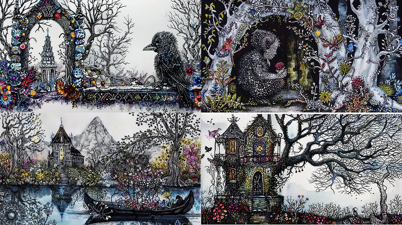 Enchanted Inkscapes: A Whimsical Fusion of Nature and Fantasy - Midjourney sref style