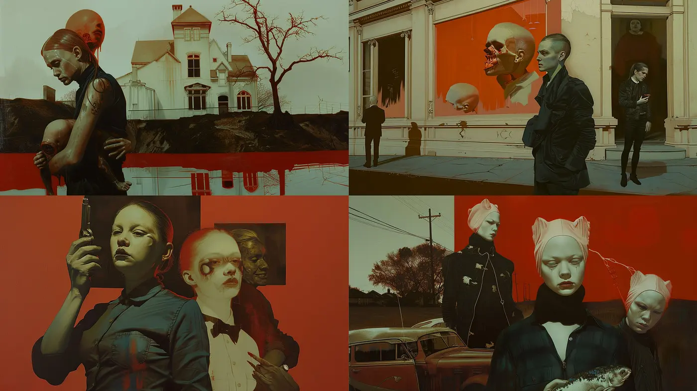 Surrealist Ethereal Red Tones with a Sombre Vibe - Midjourney sref style