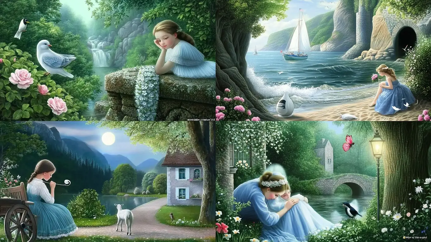 Enchanted Serenity: Romanticized Pastoral Dreamscapes with Subtle Luminescence - Midjourney sref style