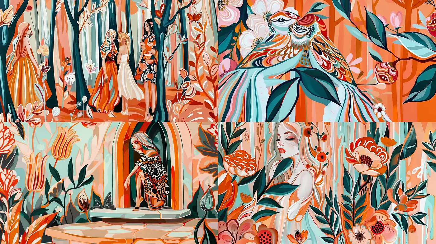 Vibrant Botanical Tapestry with Stylized Feminine Forms - Midjourney sref style