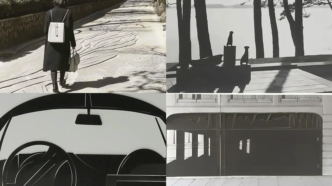 Stylized monochrome visuals embodying urban and tranquil themes - Midjourney sref style