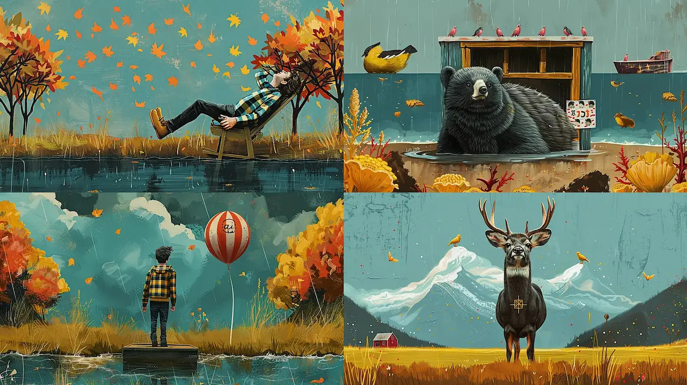 Lush Illustrative Style with Nature and Whimsical Elements - Midjourney sref style