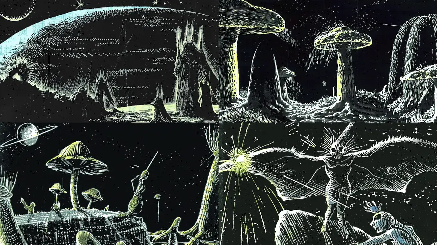 Surreal Cosmic Landscapes with a Vintage Aesthetic - Midjourney sref style
