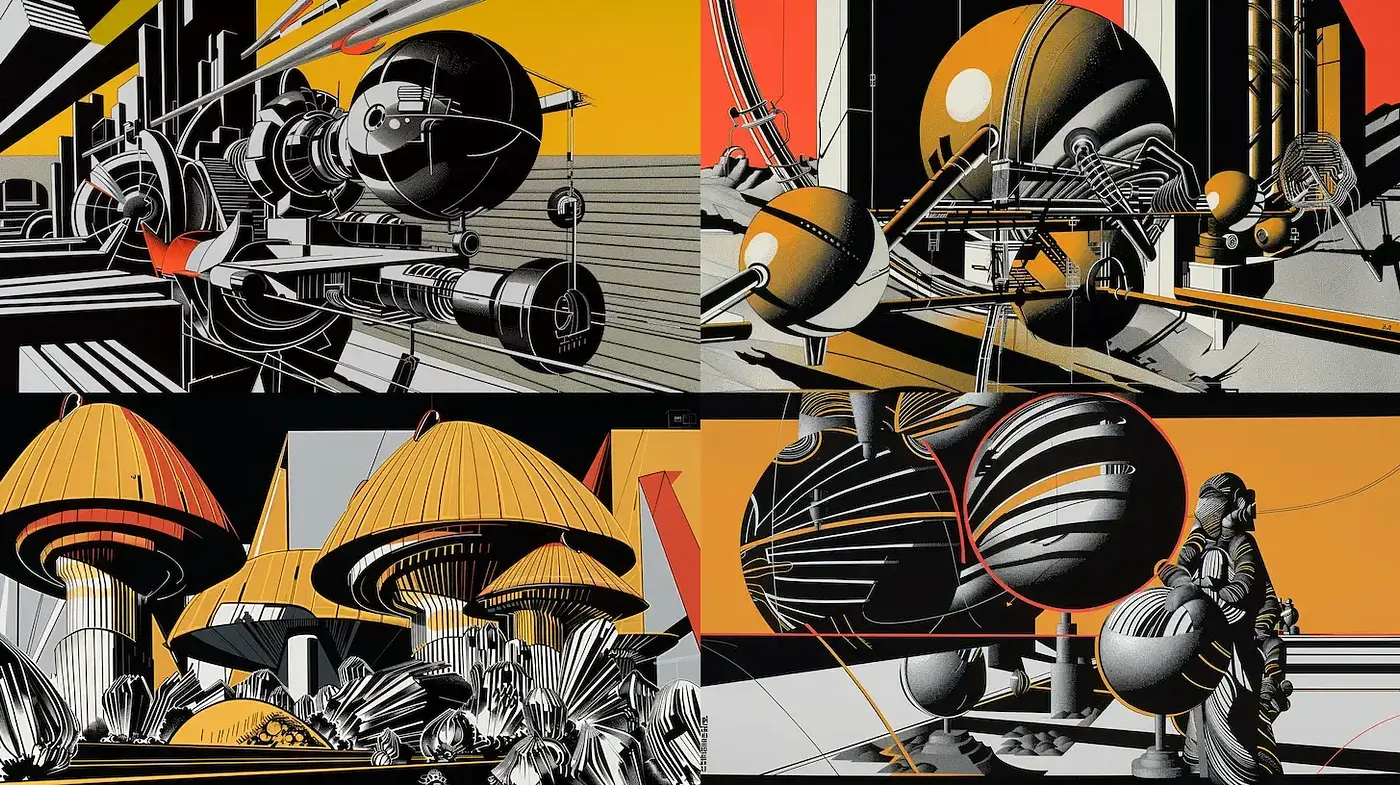 Art Deco Futurism in Monochrome with Vivid Accents - Midjourney sref style