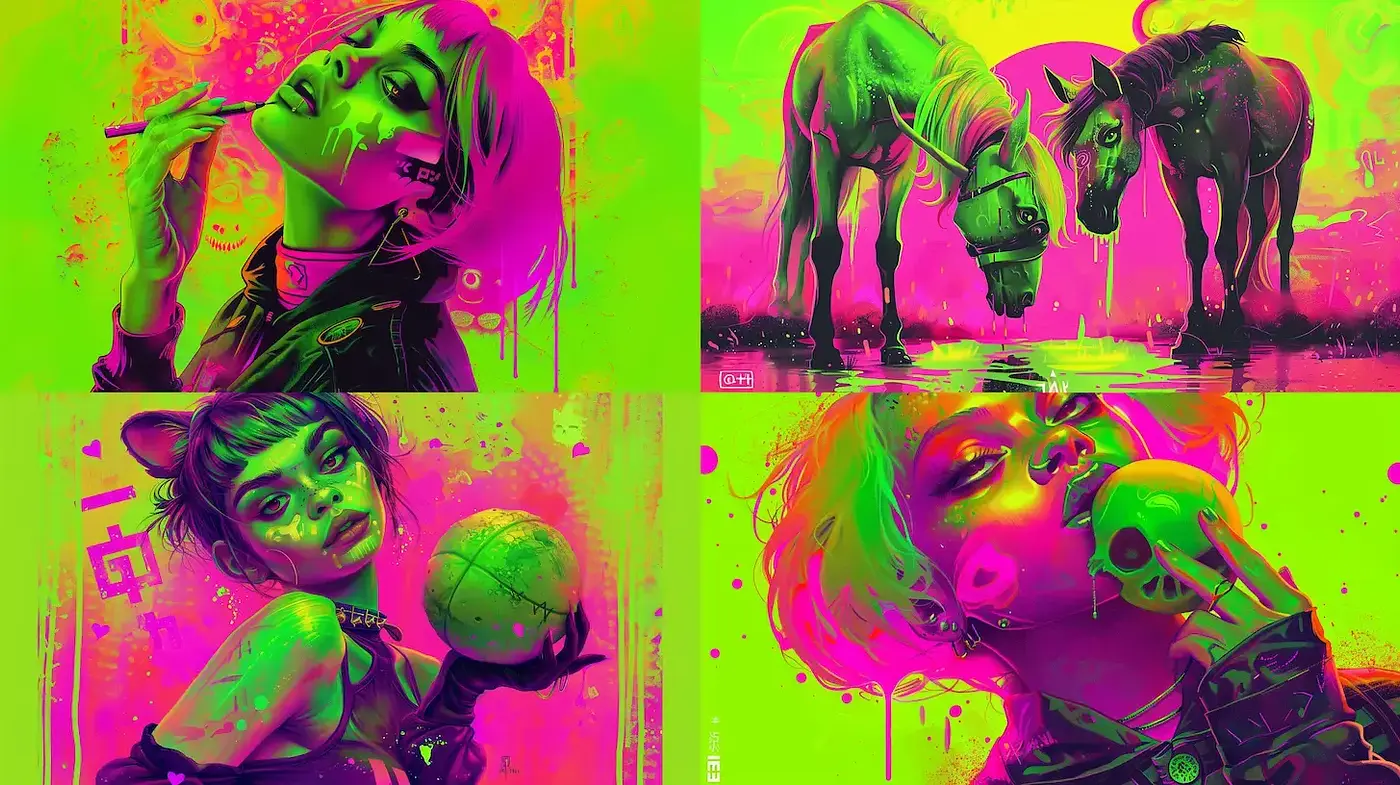 Vibrant Surrealism with a Neon Twist: A Blend of Pop Culture and Edgy Aesthetics - Midjourney sref style