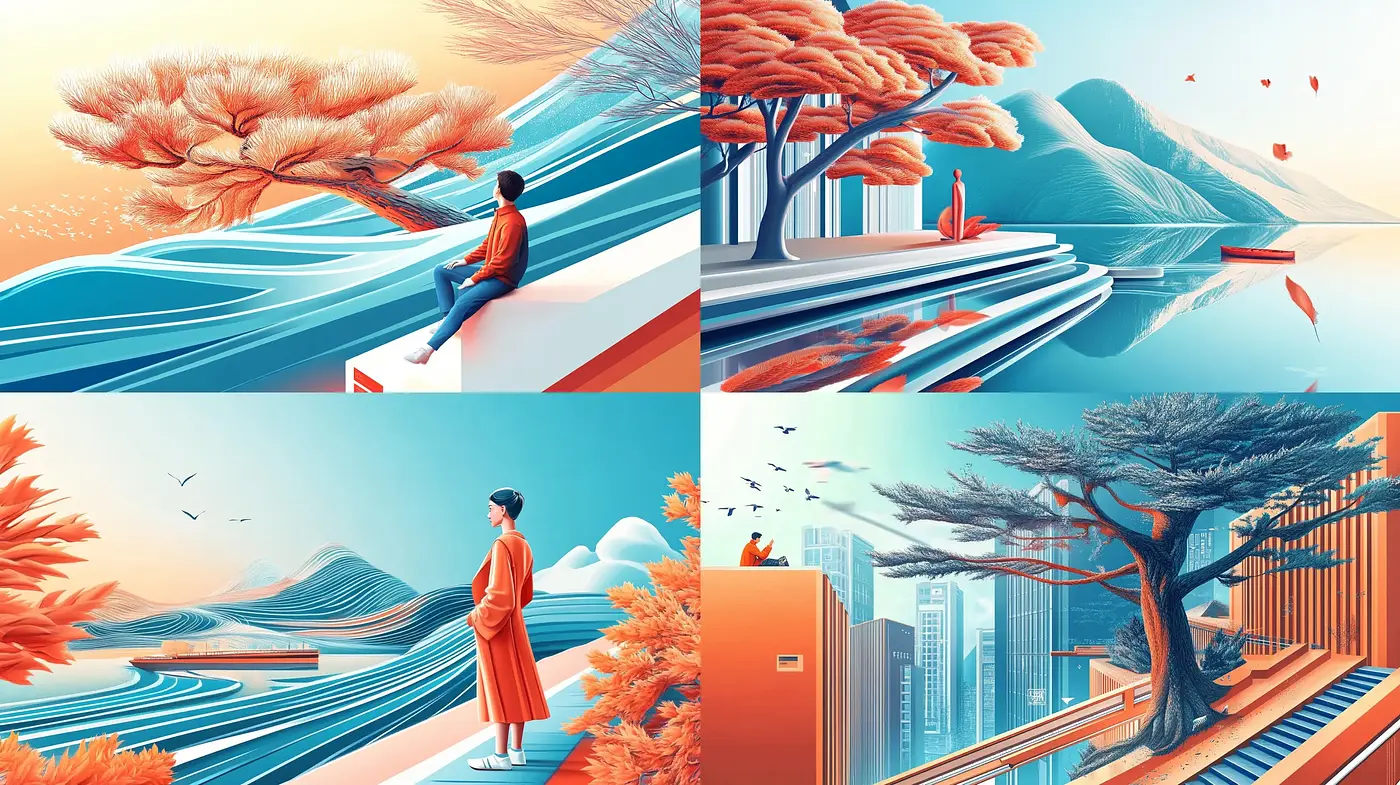 Serene Elegance in Coral and Azure: A Continuum of Harmonious Panoramas - Midjourney sref style