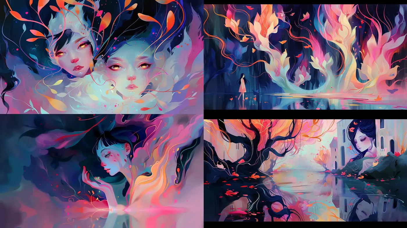 Ethereal Flames of Whimsical Dreamscapes - Midjourney sref style