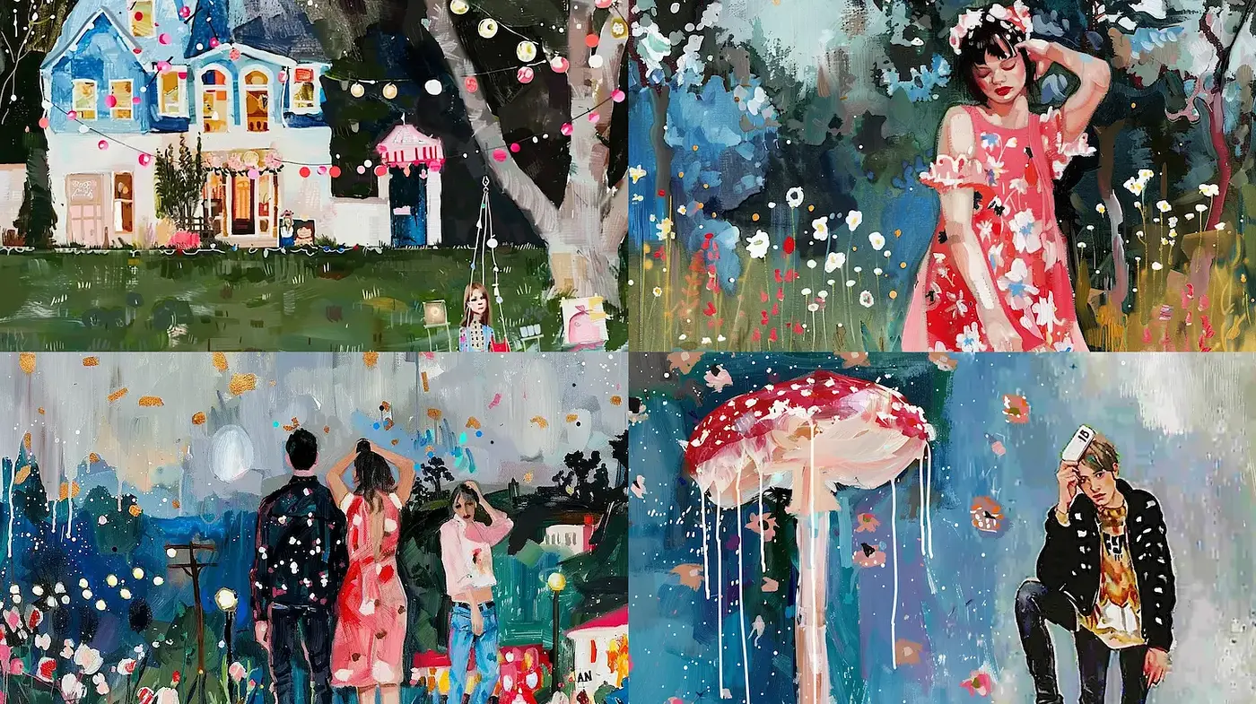 Whimsical and Romantic Vibe with Vivid Colors and Playful Elements - Midjourney sref style