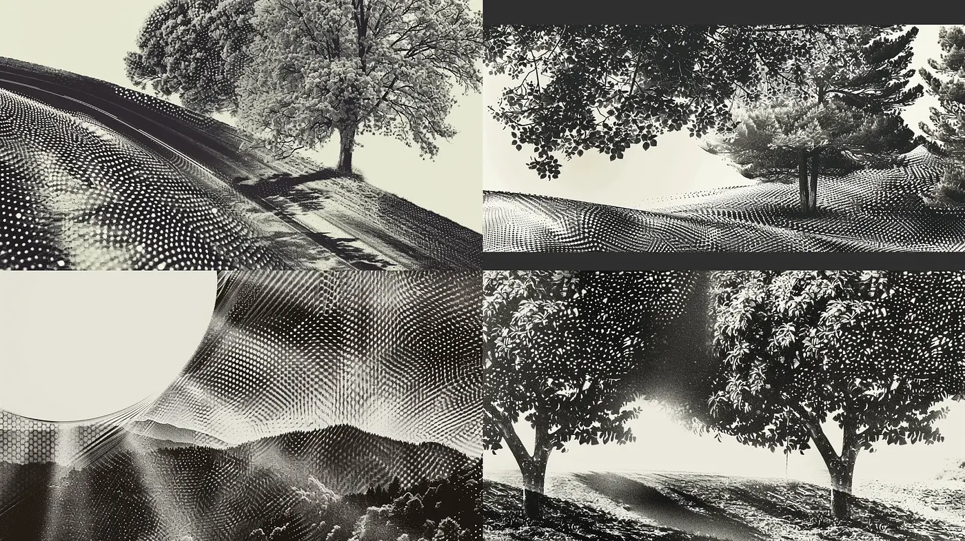 Monochromatic Halftone Landscape Series - Midjourney sref style