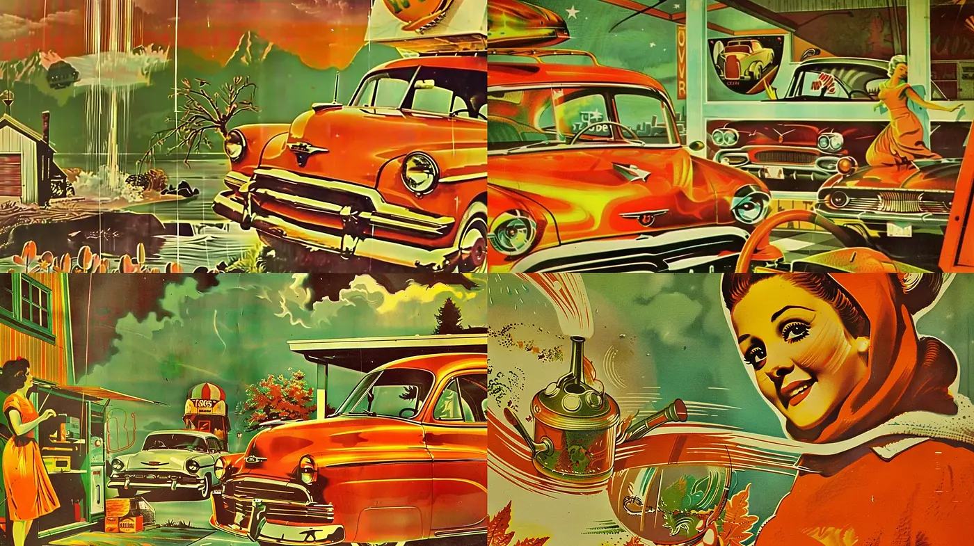 Retro Americana Reverie: A Dazzling Fusion of Vintage Automotive and Joyous Mid-Century Aesthetics - Midjourney sref style