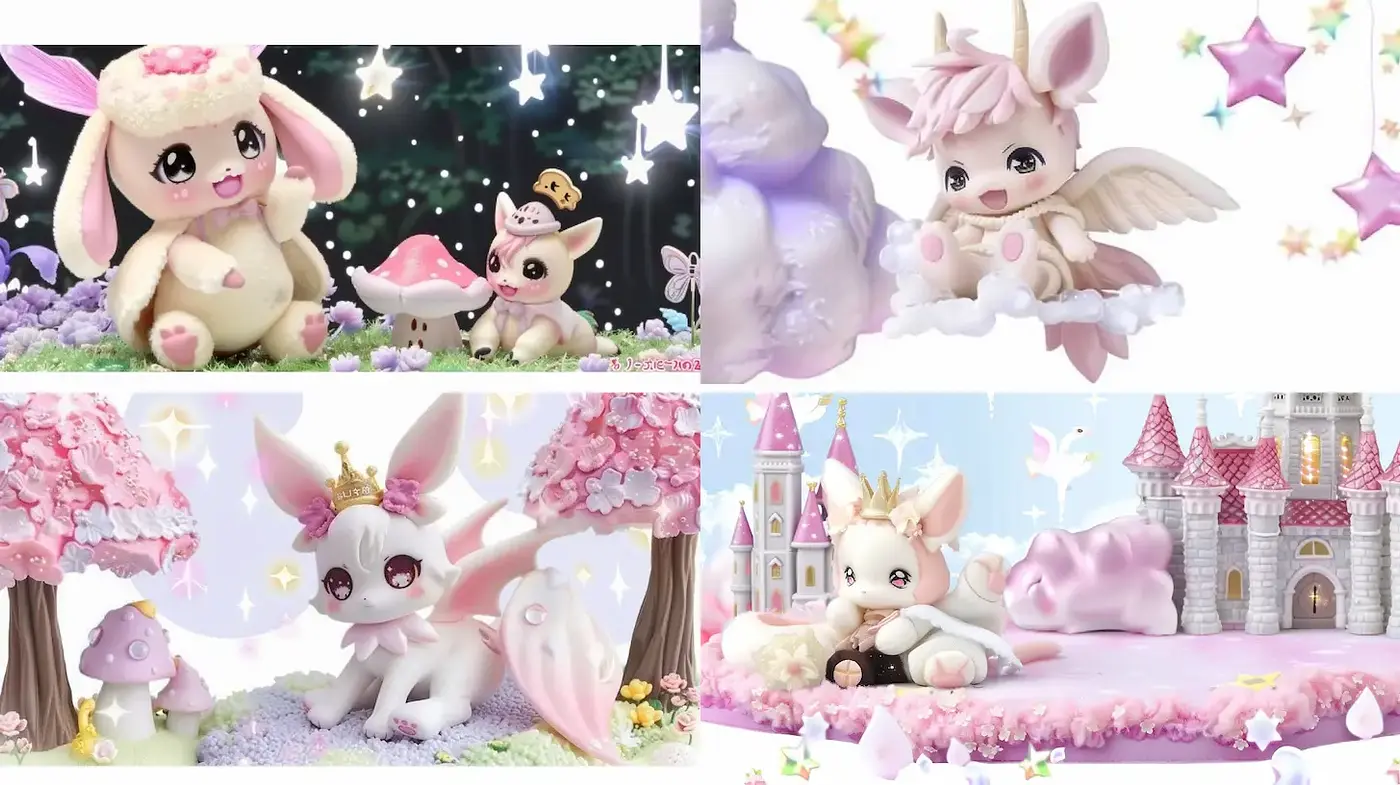 Charming pastel fantasy world with cuddly creatures - Midjourney sref style