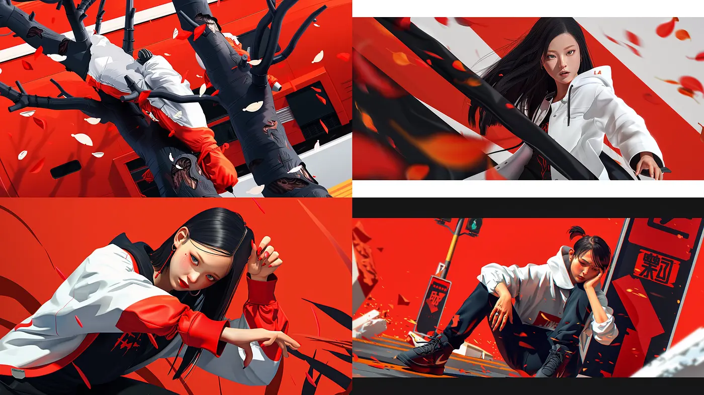 Modern Graphic Novel Aesthetic with Bold Red Accents - Midjourney sref style