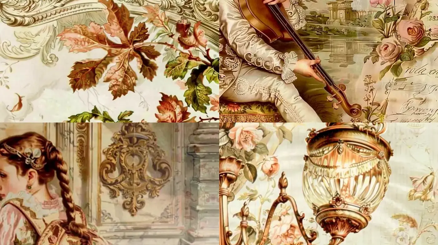 Elegant, ornate vintage art style with romantic motifs - Midjourney sref style