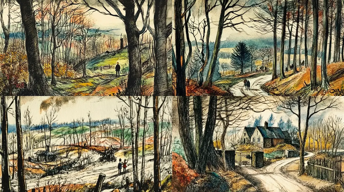 Rustic Serenity in Seasonal Transition: A Study in Textural Harmony and Muted Tones - Midjourney sref style