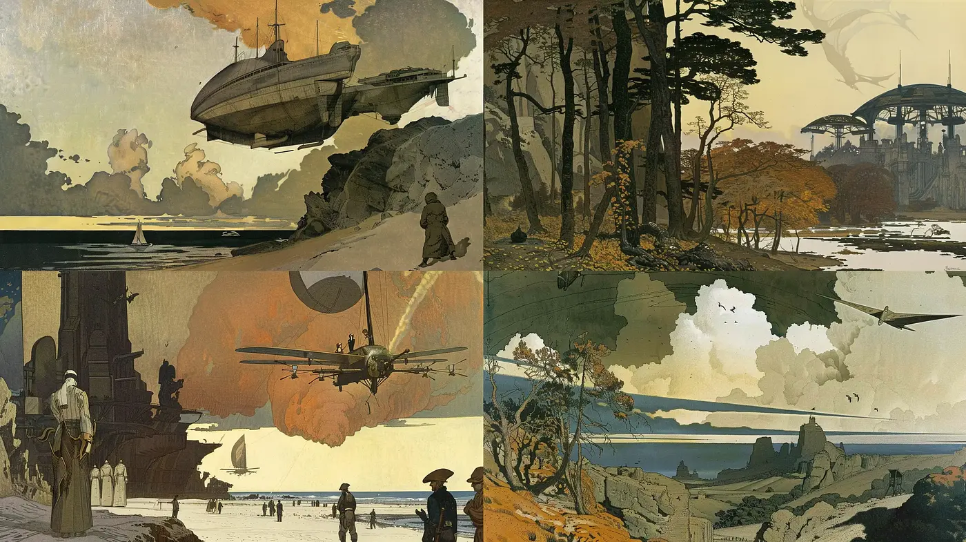 Ethereal Retro-Futuristic Landscapes with a Nostalgic Palette - Midjourney sref style