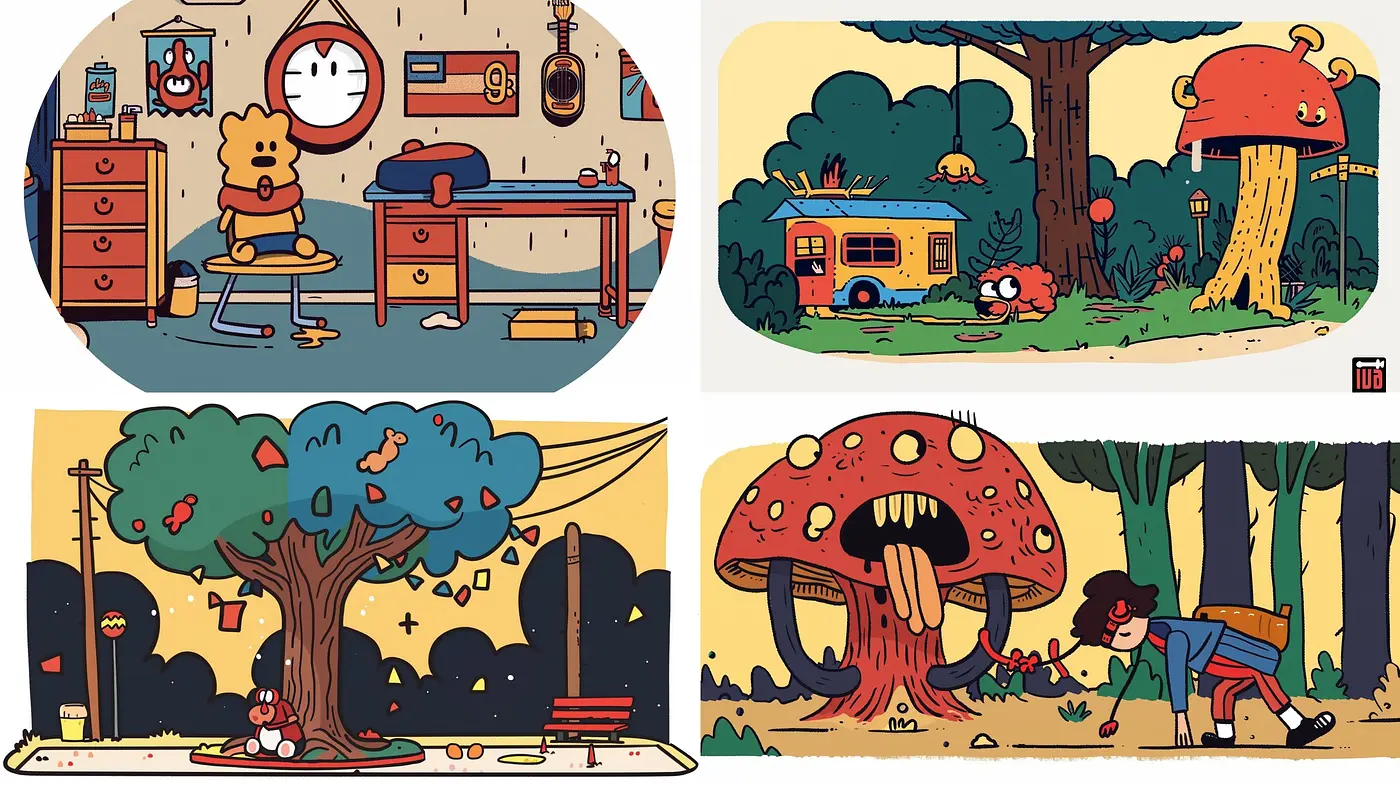Consistently Contrasting Whimsical World: A Fusion of Vivid Earth Tones with Graphic Cartoon Style - Midjourney sref style
