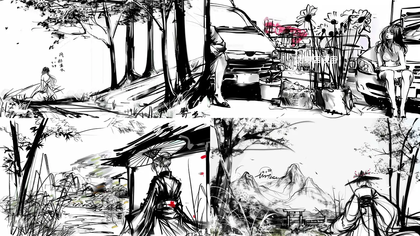 Monochromatic Sketches with Red Accent: An Artistic Fusion of Ink Wash and Graphic Lines - Midjourney sref style